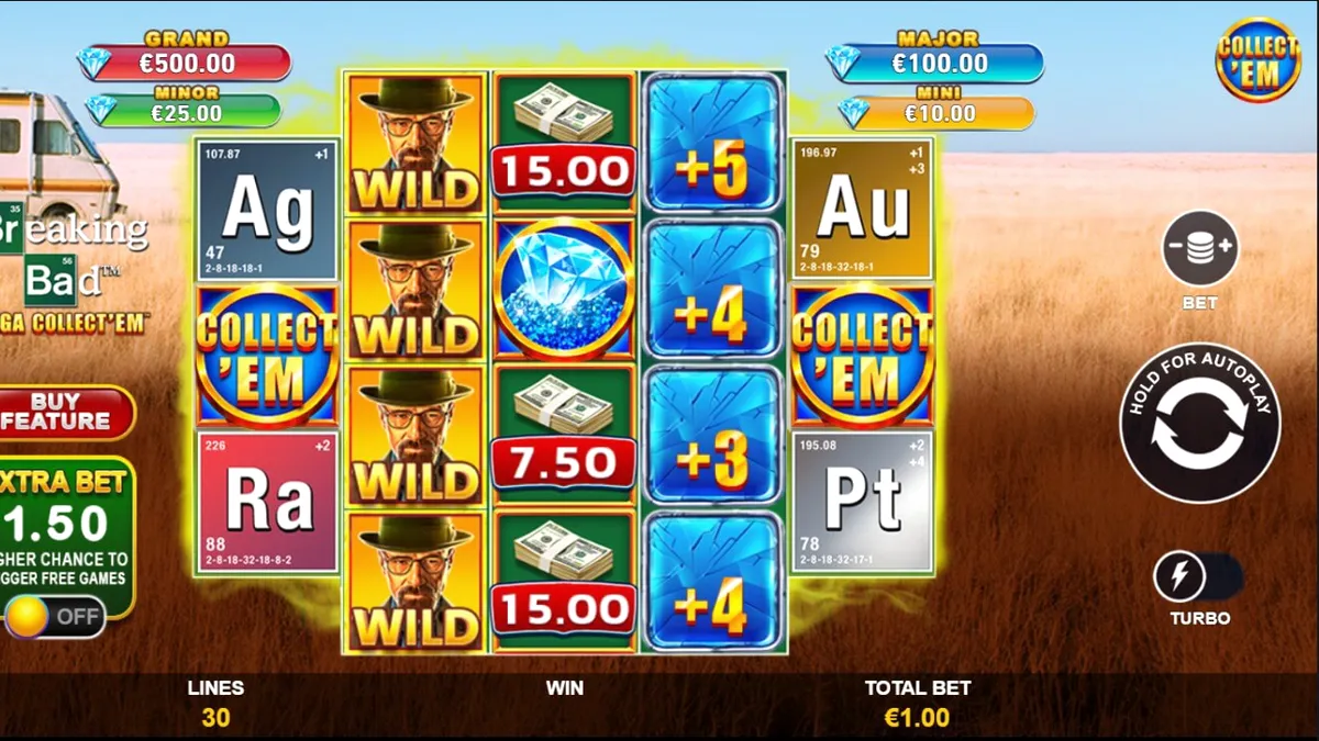 Breaking Bad Mega Collect’Em slot interface dengan latar belakang gurun dan simbol ikonik