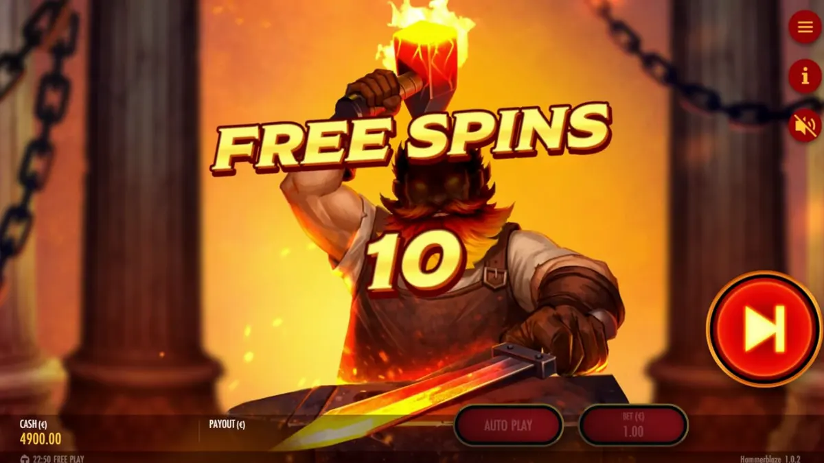 Layar permainan slot Hammerblaze dengan tema gunung berapi dan pandai besi.