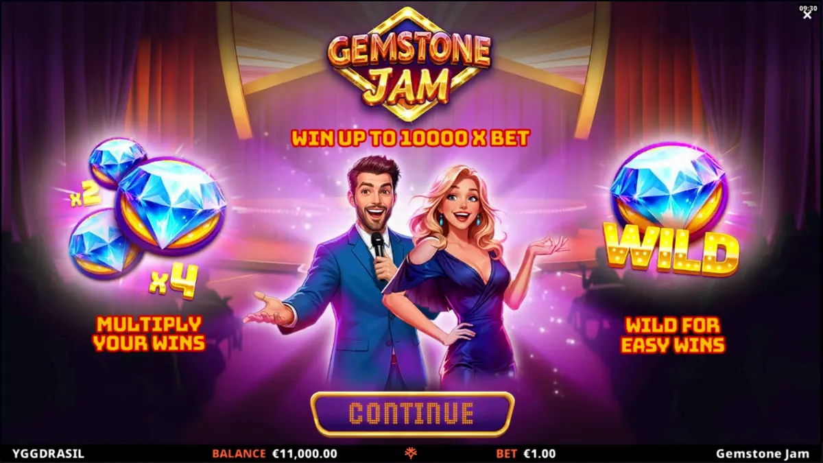 Tampilan visual slot Gemstone Jam dengan latar belakang panggung TV yang mewah