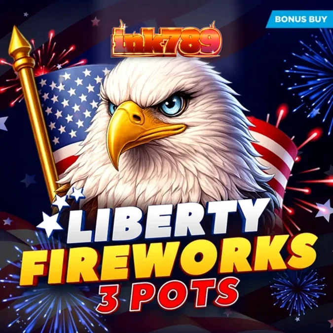 Tampilan visual slot Liberty Fireworks 3 Pots dengan tema perayaan kembang api